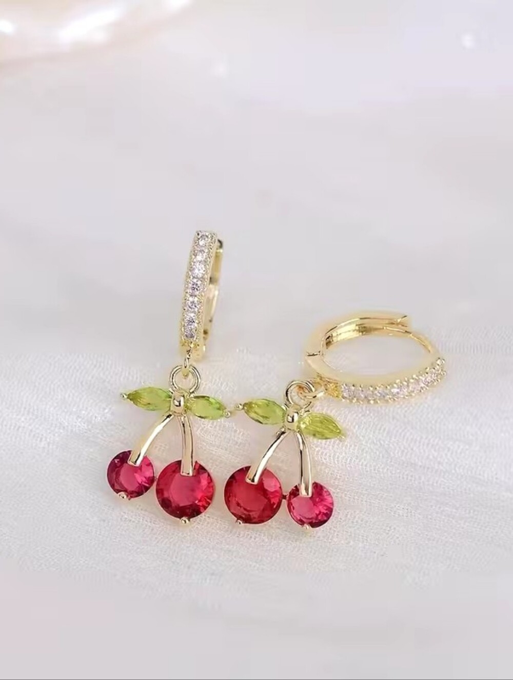 Gold Cherry Drop Earrings with Pink and Green Crystals